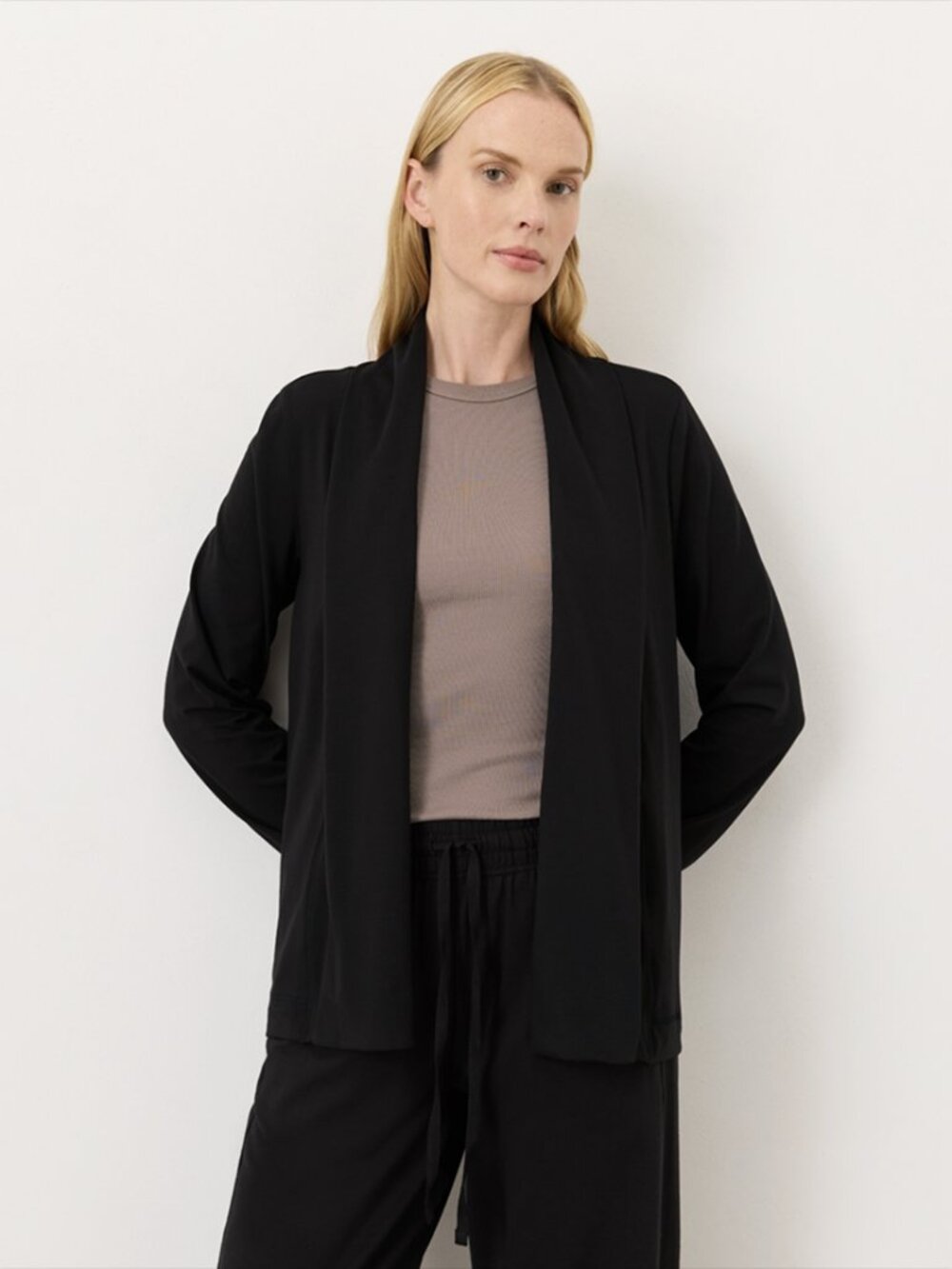 Pact Organic Cool Stretch Swing Open Front Cardigan L Pockets Thumbhole Relaxed